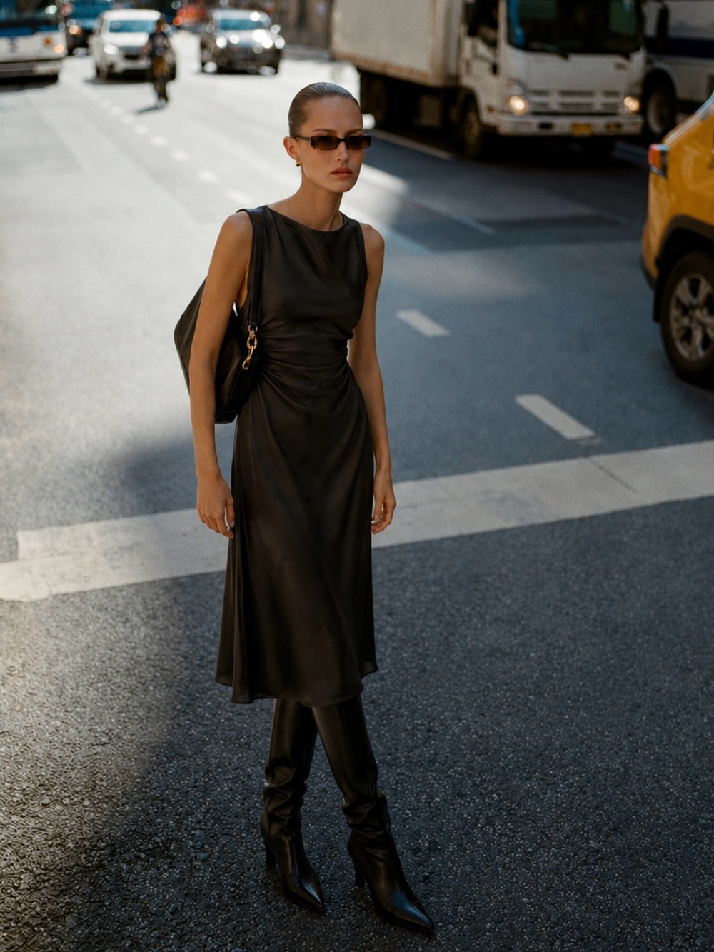 Aritzia Wilfred | Black Portrait Satin Midi Dress with Side Draping New ~ US 6